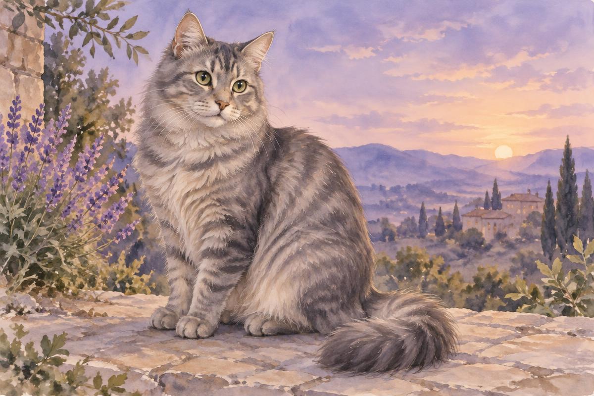 Domestic Mediumhair cat — illustrative depiction; individuals vary