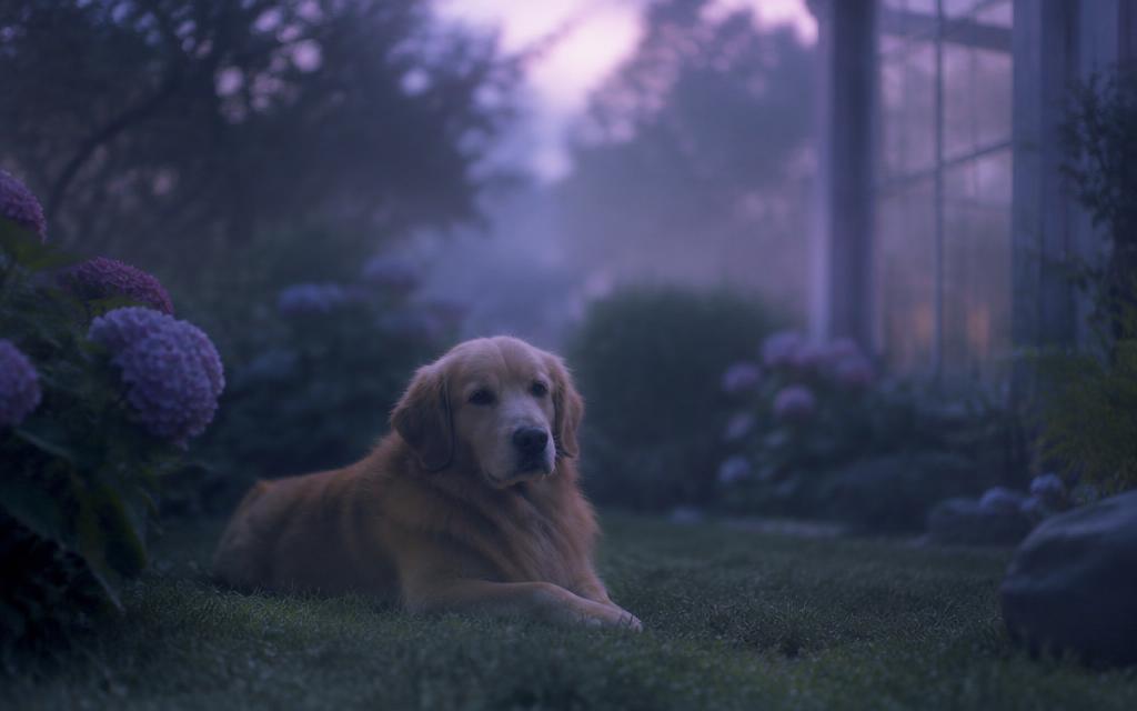 A relaxed dog resting at dusk